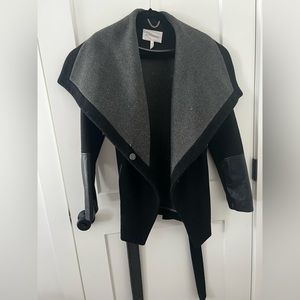 BCBG Wool Coat w/ Tie and Leather Detail